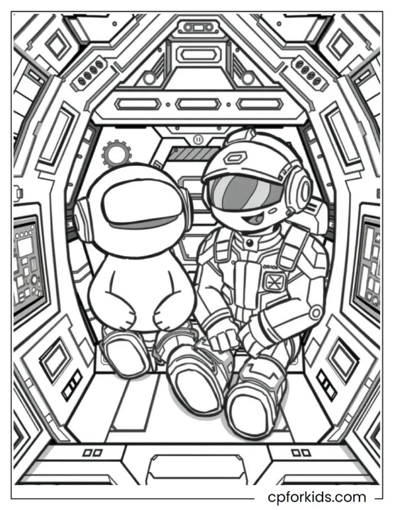 Among Us Coloring Pages 10 A playful Among Us pet sitting next to its crewmate inside the spaceship.