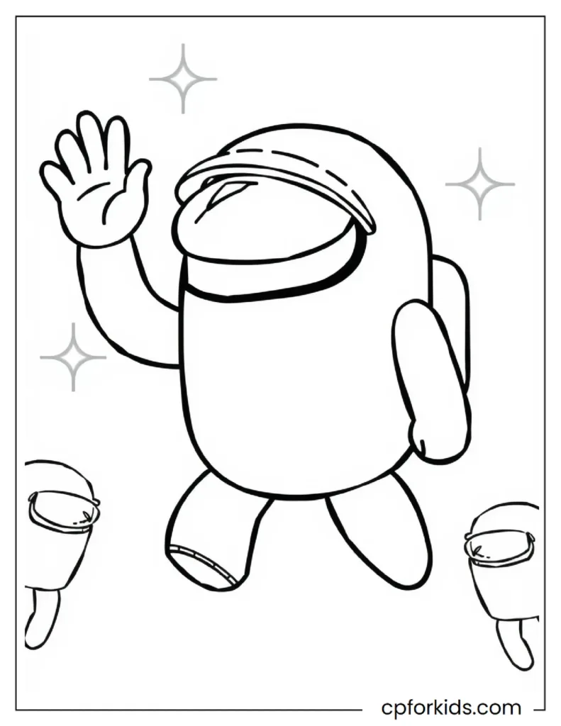 Among Us Coloring Pages 4 An Among Us captain welcoming a new group of crew members, on a coloring page.