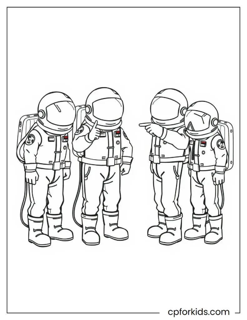 Among Us Coloring Pages 13 An Among Us character developing a plan with its friends, on a coloring page.