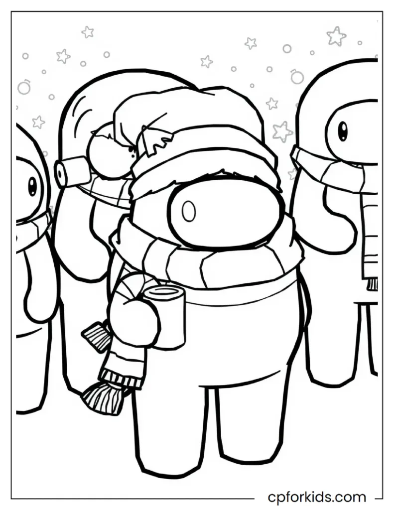 Among Us Coloring Pages 7 An Among Us character drinking a cup of coffee on a cold winter day.