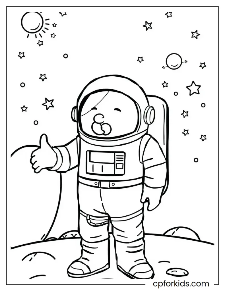 Among Us Coloring Pages 8 An Among Us character standing on the moon and smiling, on a coloring page.