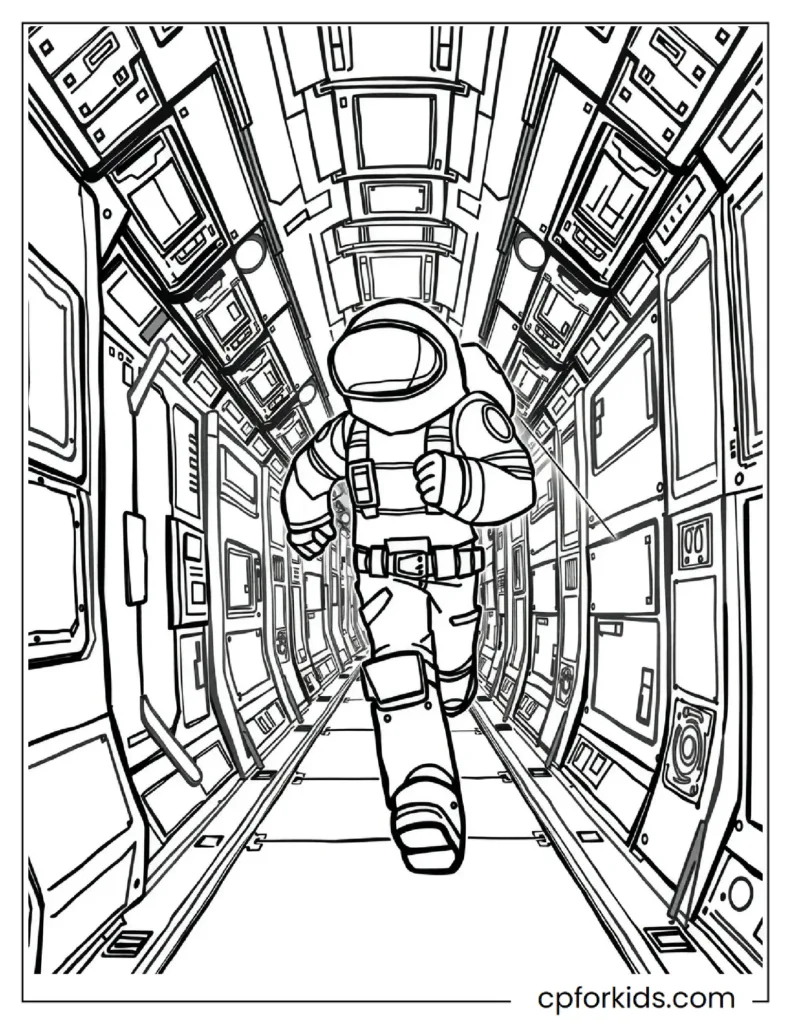 Among Us Coloring Pages 9 An Among Us character running through a spaceship corridor.