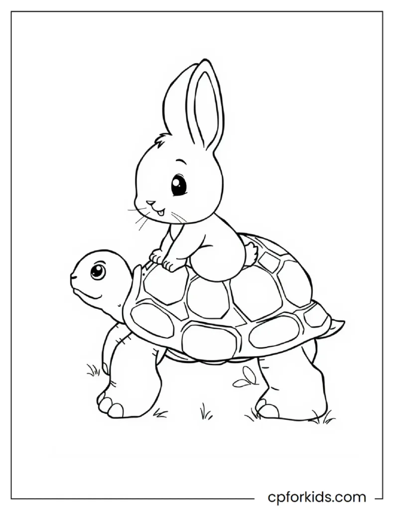 A coloring page of a baby rabbit riding on a turtle’s back.