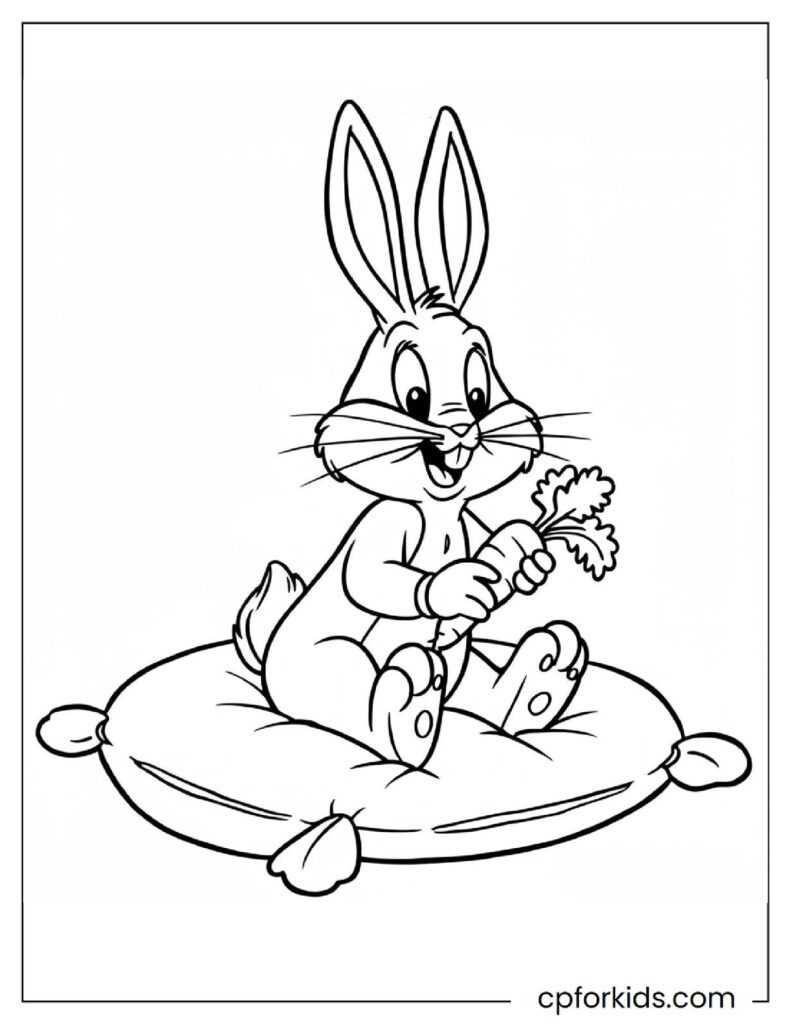 Baby Bugs Bunny Looks Delighted As He Eats Carrots On His Fluffy Pillow