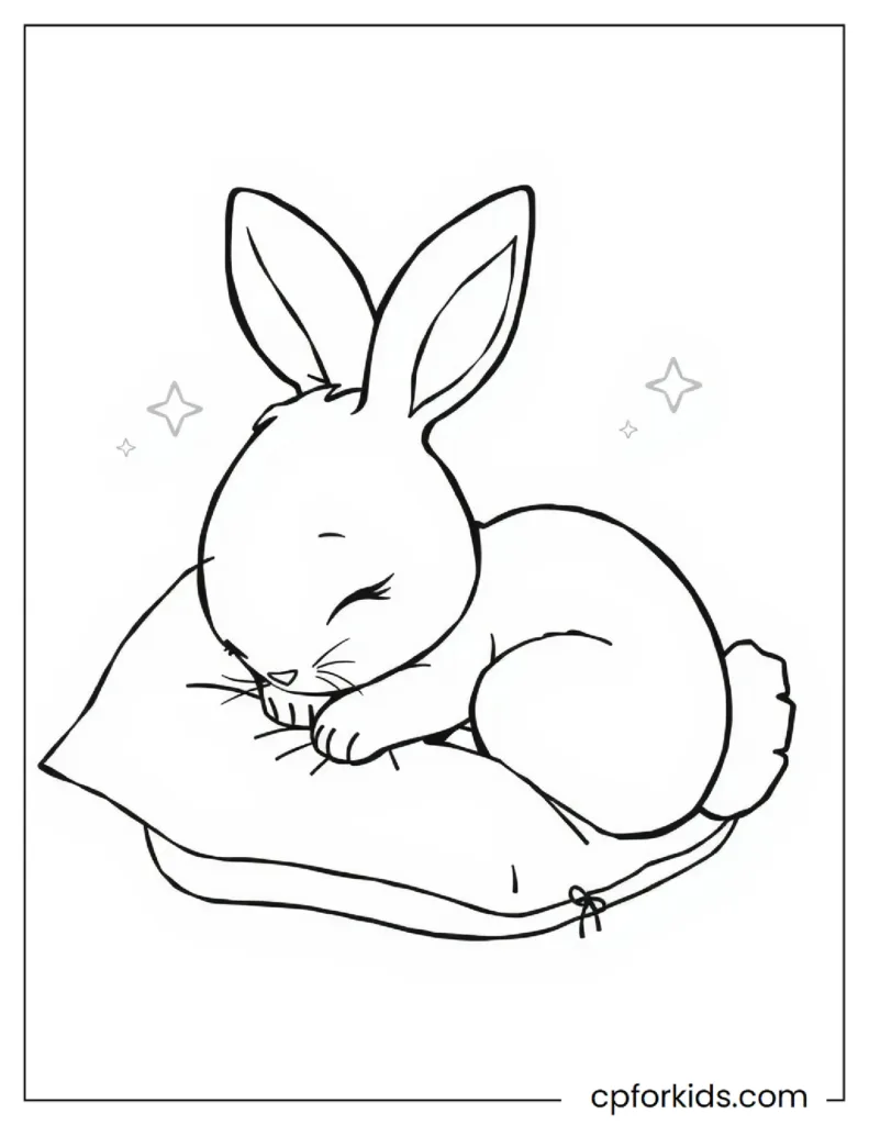 A coloring page of a baby rabbit sleeping on a soft pillow.