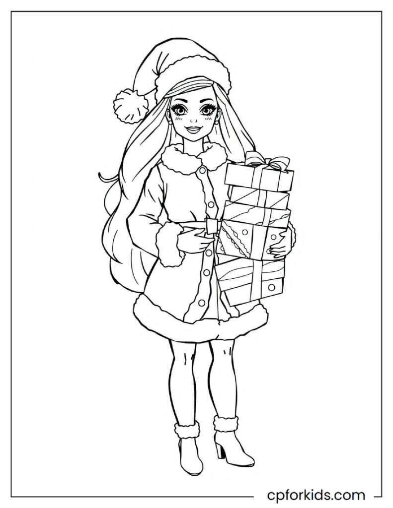 Beautiful Barbie With Her Christmas Outfit And Christmas Gifts In Her Hand