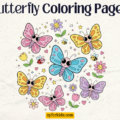 Free Butterfly Coloring Pages for Adults & Kids Printable 65 Cheerful cartoon butterfly coloring page with happy flowers and ladybugs. Featured image for Butterfly Coloring Pages, promoting free PDF download and print.