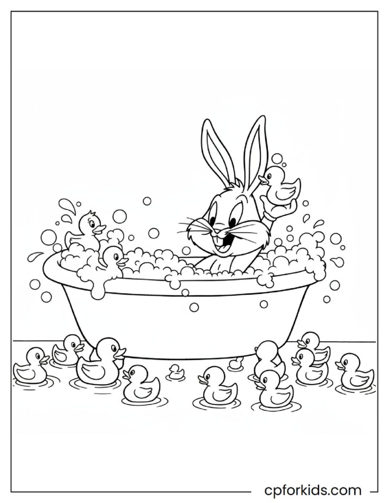 Cute Baby Bugs Bunny Enjoys Bath Time With Ducks