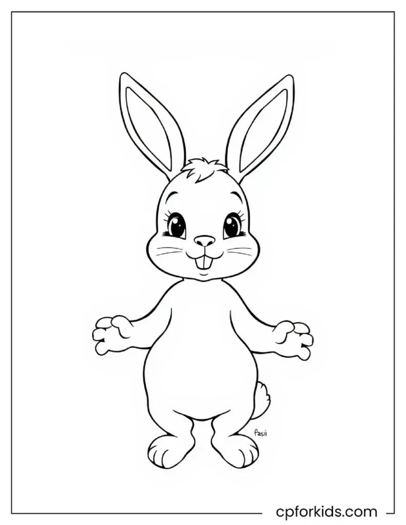 A coloring page of a cute baby rabbit posing while standing up.