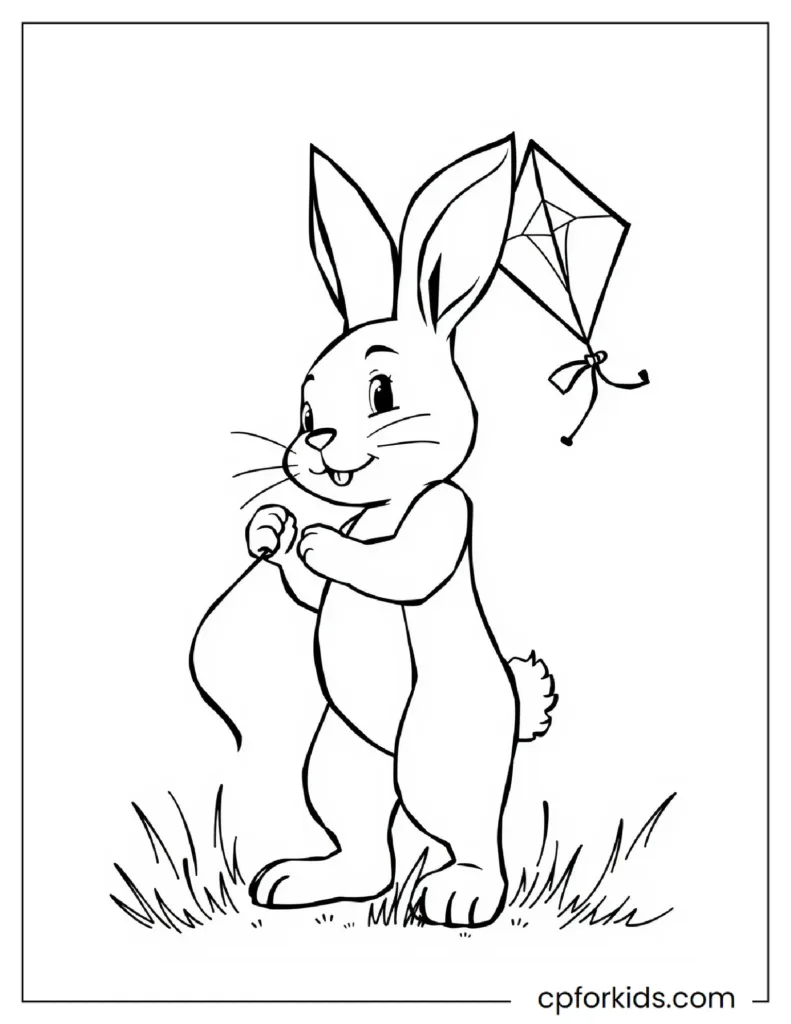 A coloring page of a cute bunny flying a kite.