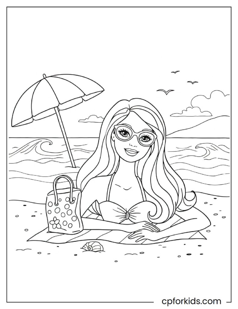 Free Printable Barbie Coloring Pages Featuring A Beautiful Beach Themed Scene With Someone Lying On The Sand