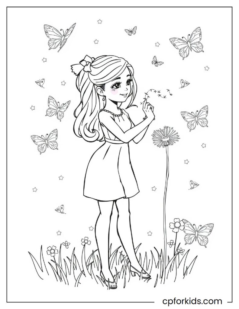 Little Barbie Coloring Page With All Her Elegance Among Flowers And Butterflies Flying Around