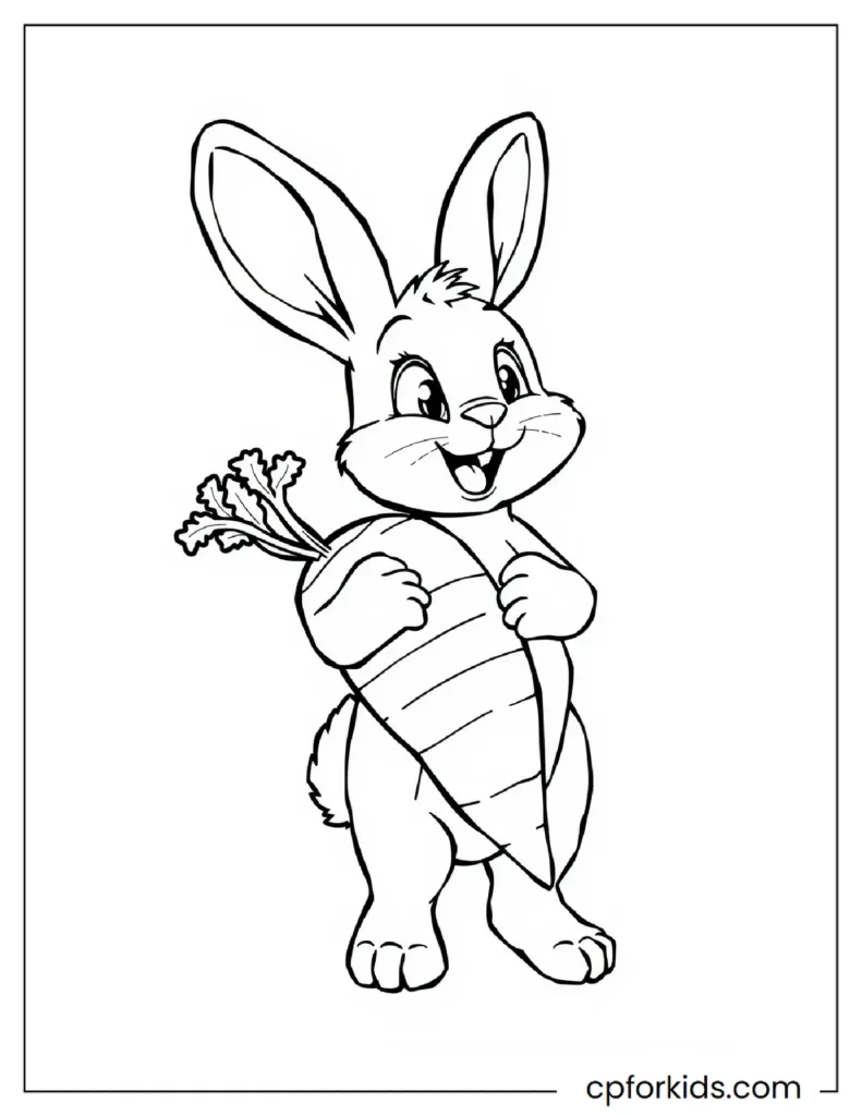 A coloring page of a little rabbit carrying a carrot as big as himself.