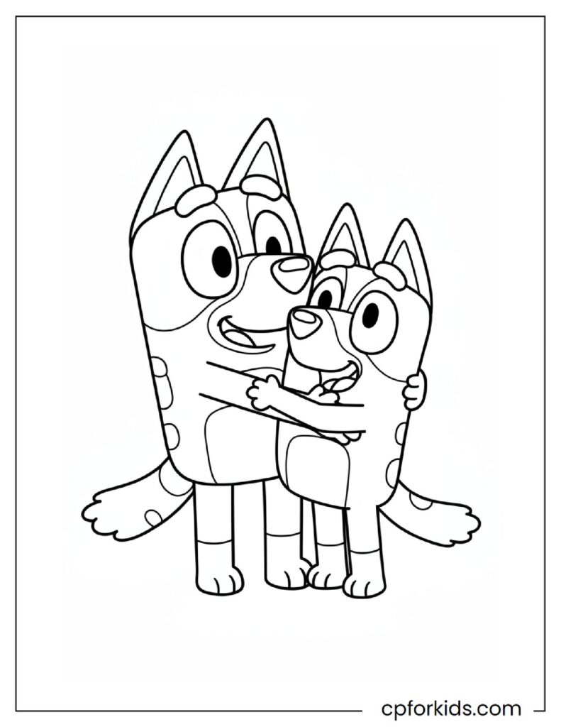 A coloring page of Mum Chilli giving her son Bluey a big hug.