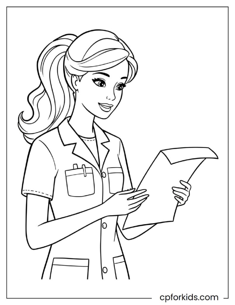 Princess Barbie In Doctor Outfit Looking At Patient List Coloring Page