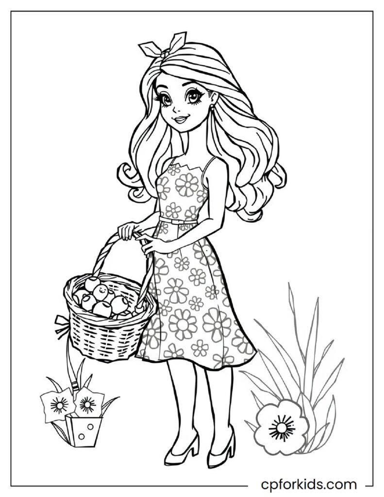 Printable Barbie Coloring Pages With A Picnic Theme And A Basket Full Of Apples On Her Arm