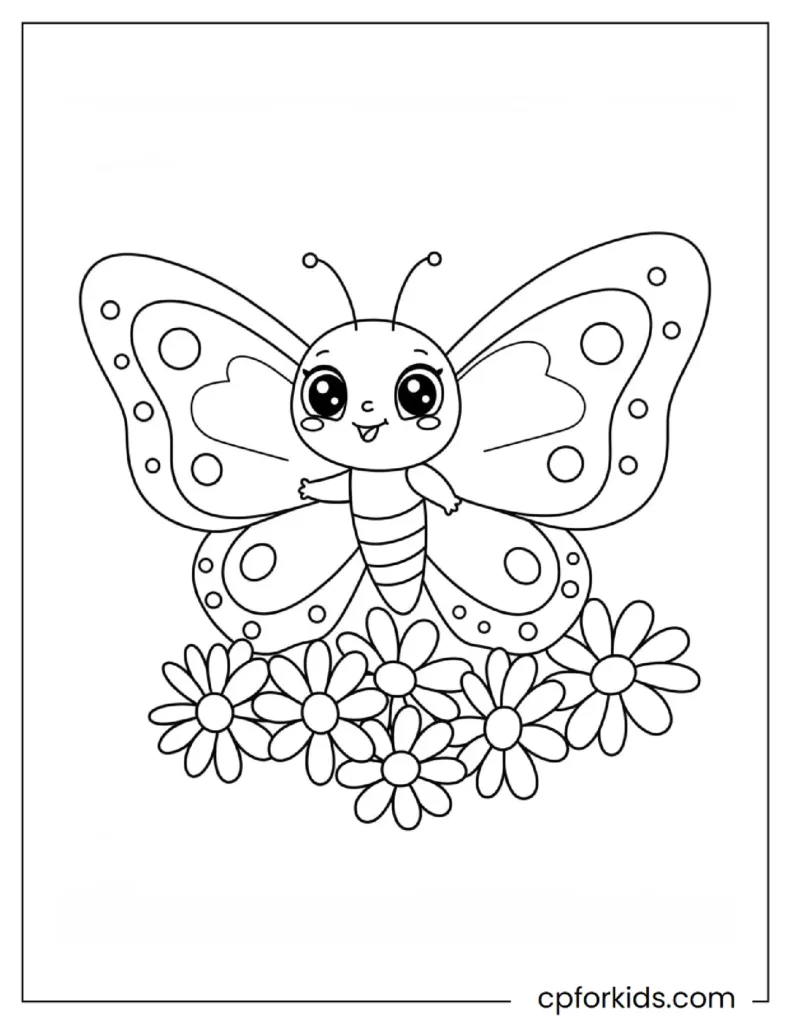 A sweet and cute butterfly flying among beautiful flowers, on a coloring sheet.