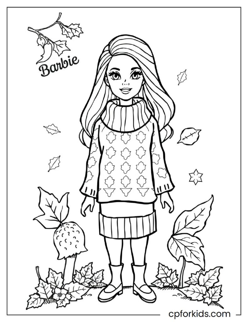 Winter Themed Barbie Coloring Page Wearing A Sweater And A Stylish Skirt