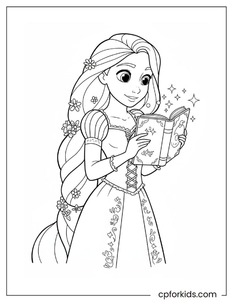 Rapunzel Holding a Magical Book Coloring
