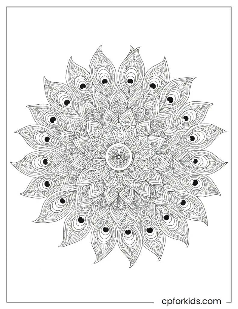 Oval mandala coloring page with shapes resembling peacock wing design and round symmetrical illustration.