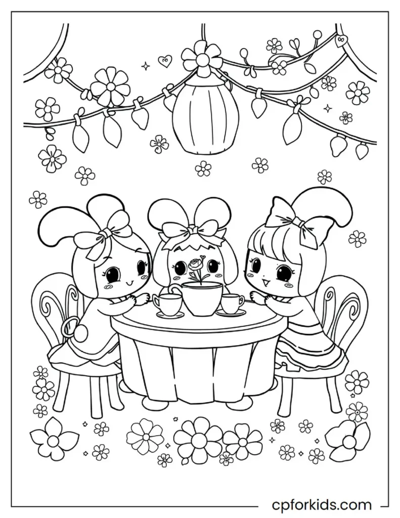Cinnamoroll Coloring Pages for Kids - Free Printable PDF 4 Cinnamoroll and friends having a fun tea party, free printable PDF sheet.