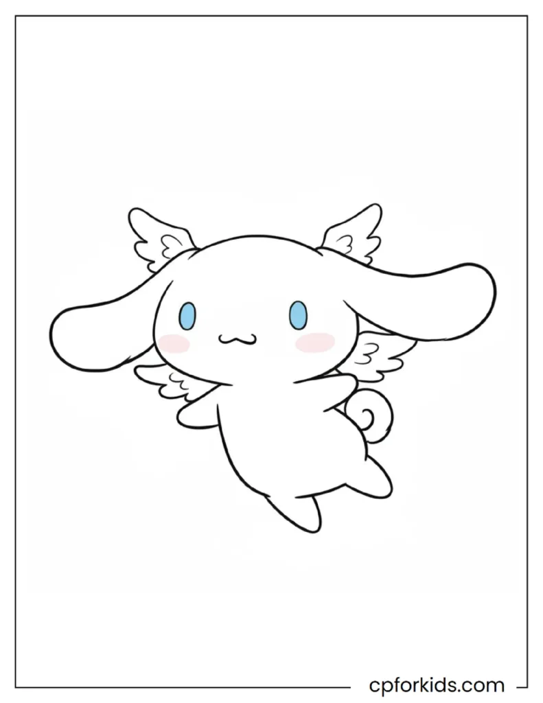 Cinnamoroll Coloring Pages for Kids - Free Printable PDF 8 Cinnamoroll flying with small angel wings, a sweet and cute Cinnamoroll coloring page.