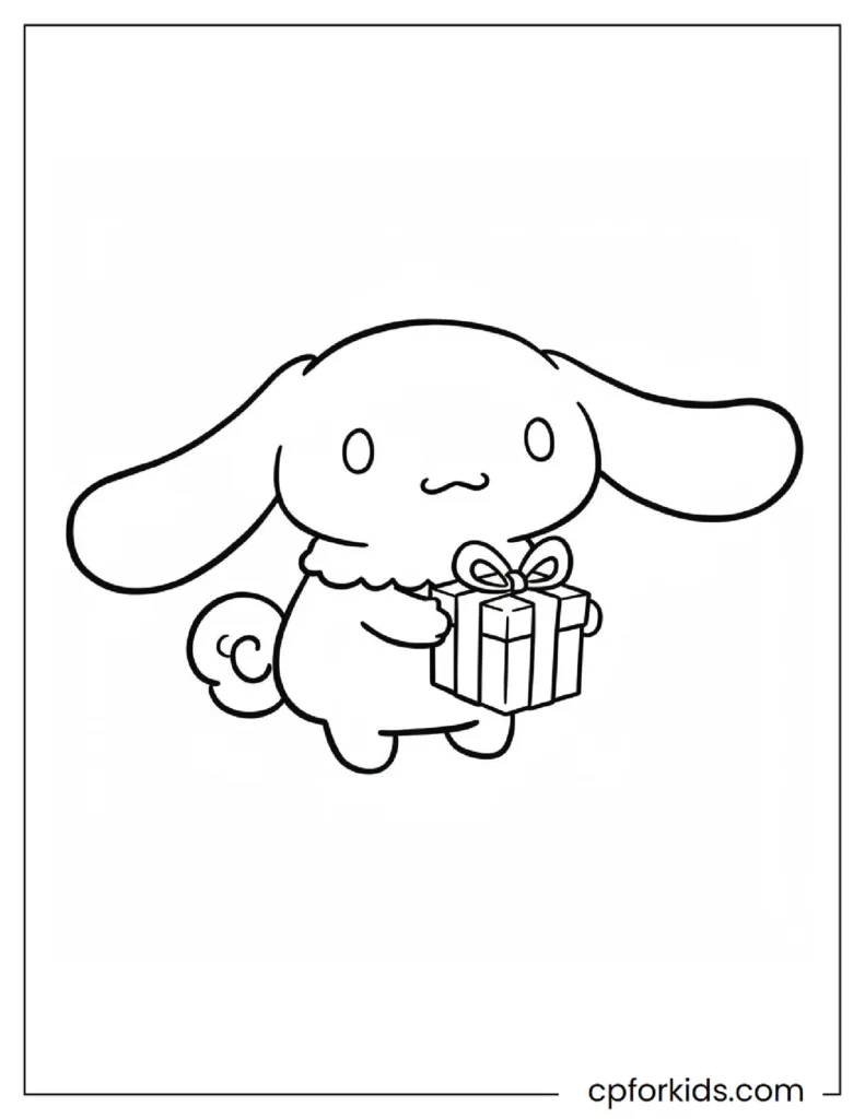 Cinnamoroll Coloring Pages for Kids - Free Printable PDF 1 Cute Cinnamoroll coloring page holding a birthday gift box, perfect for kids.