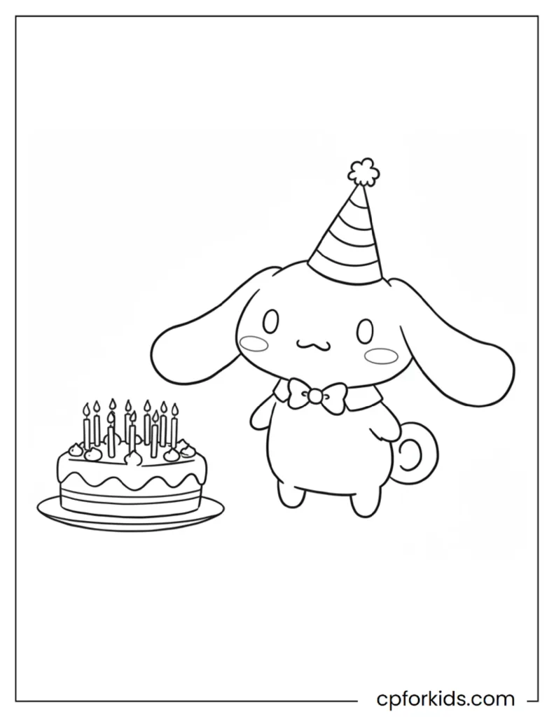 Cinnamoroll Coloring Pages for Kids - Free Printable PDF 23 Cinnamoroll with a birthday cake and candles, a happy Cinnamoroll birthday coloring page.