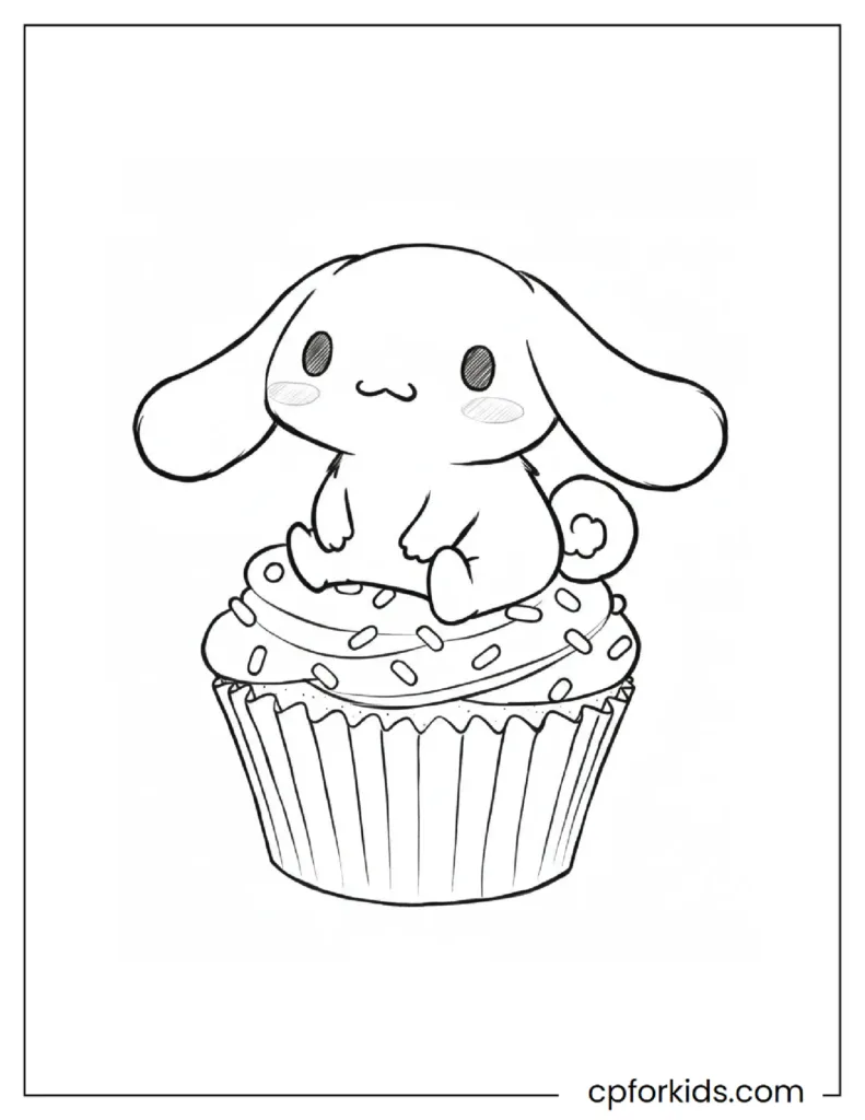 Cinnamoroll Coloring Pages for Kids - Free Printable PDF 29 Cute Cinnamoroll sitting on a cupcake with sprinkles, detailed sweets line art.