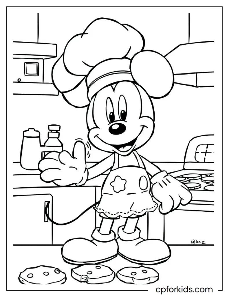 Cheerful Kawaii Mickey Mouse baking cookies in a chef's hat, fun cooking coloring page.