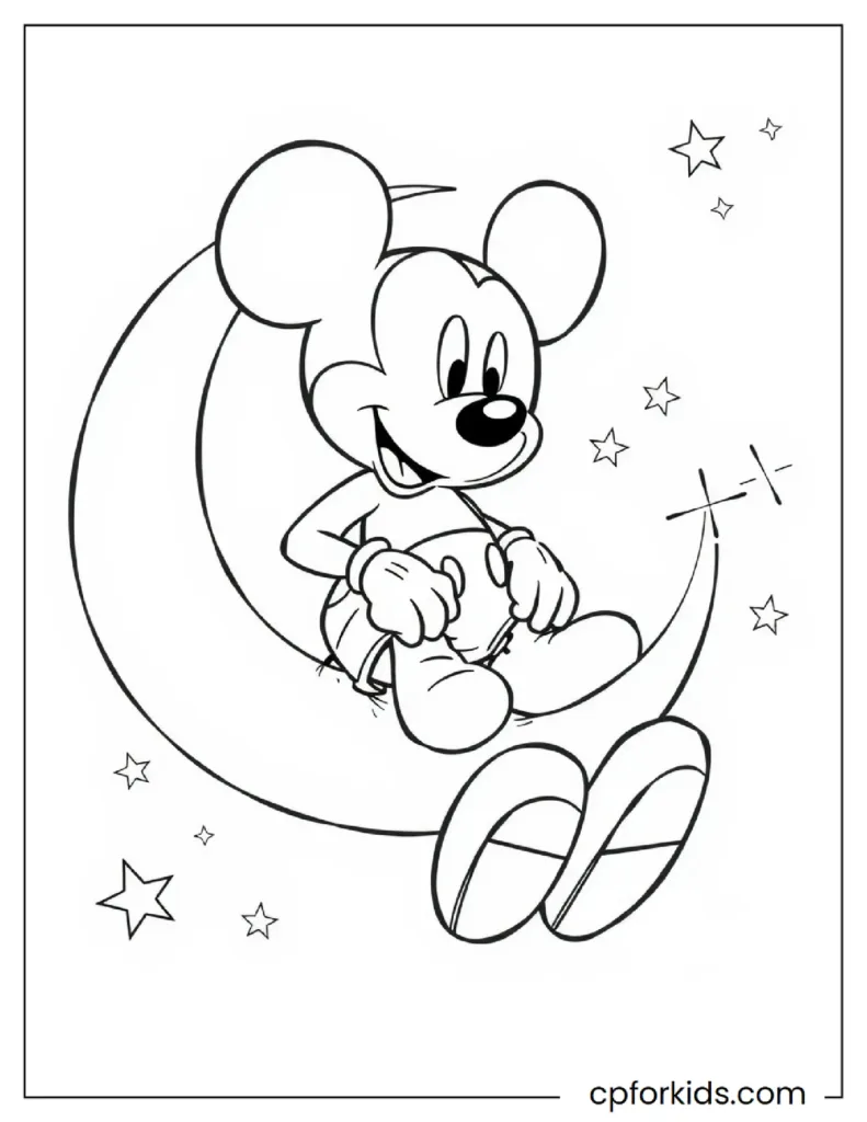 Kawaii Mickey Mouse sitting on a crescent moon surrounded by stars, a celestial coloring page.