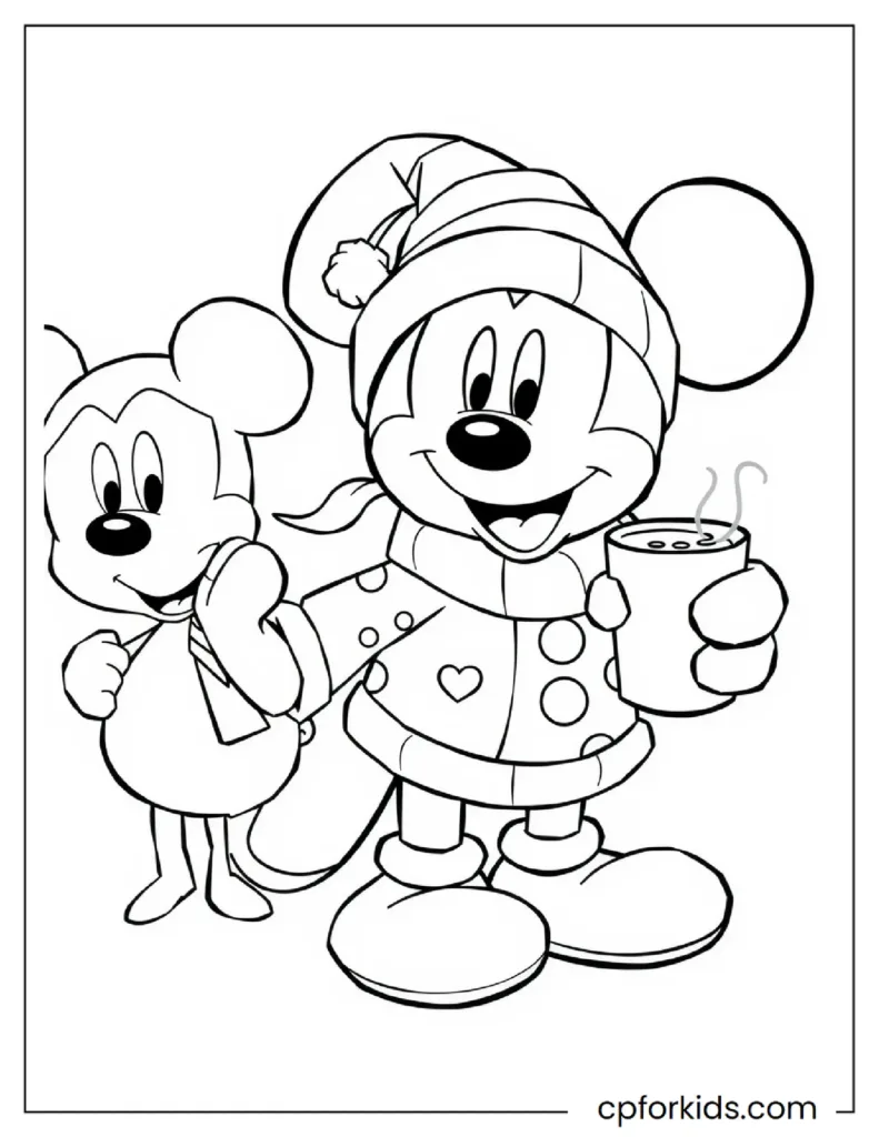 Kawaii Mickey Mouse wearing a cozy Christmas sweater holding hot cocoa, winter holiday page.