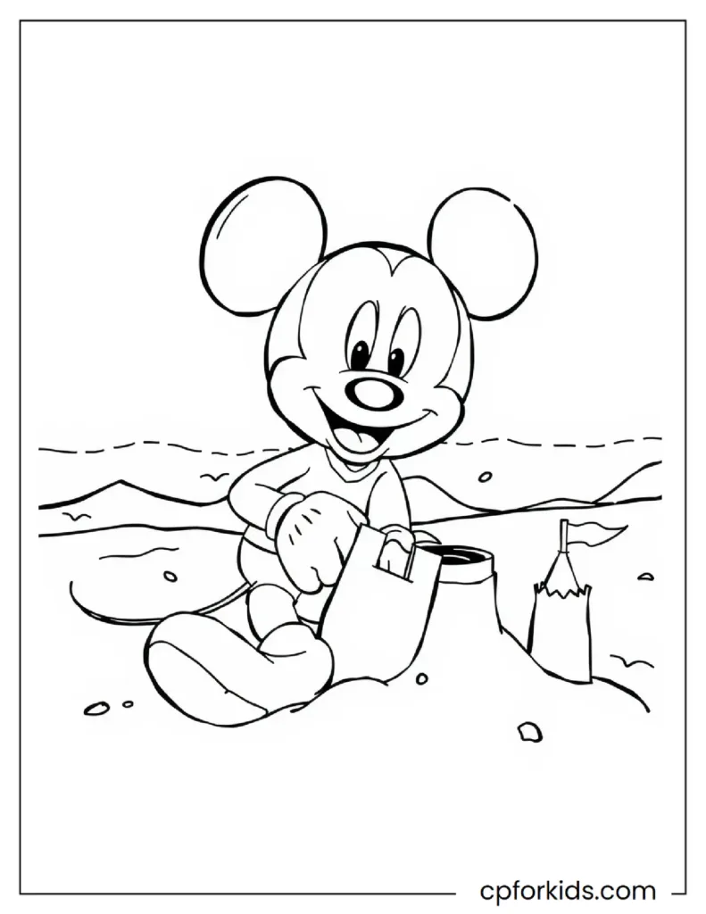 Mickey Mouse at the beach building a sandcastle, fun summer coloring page.