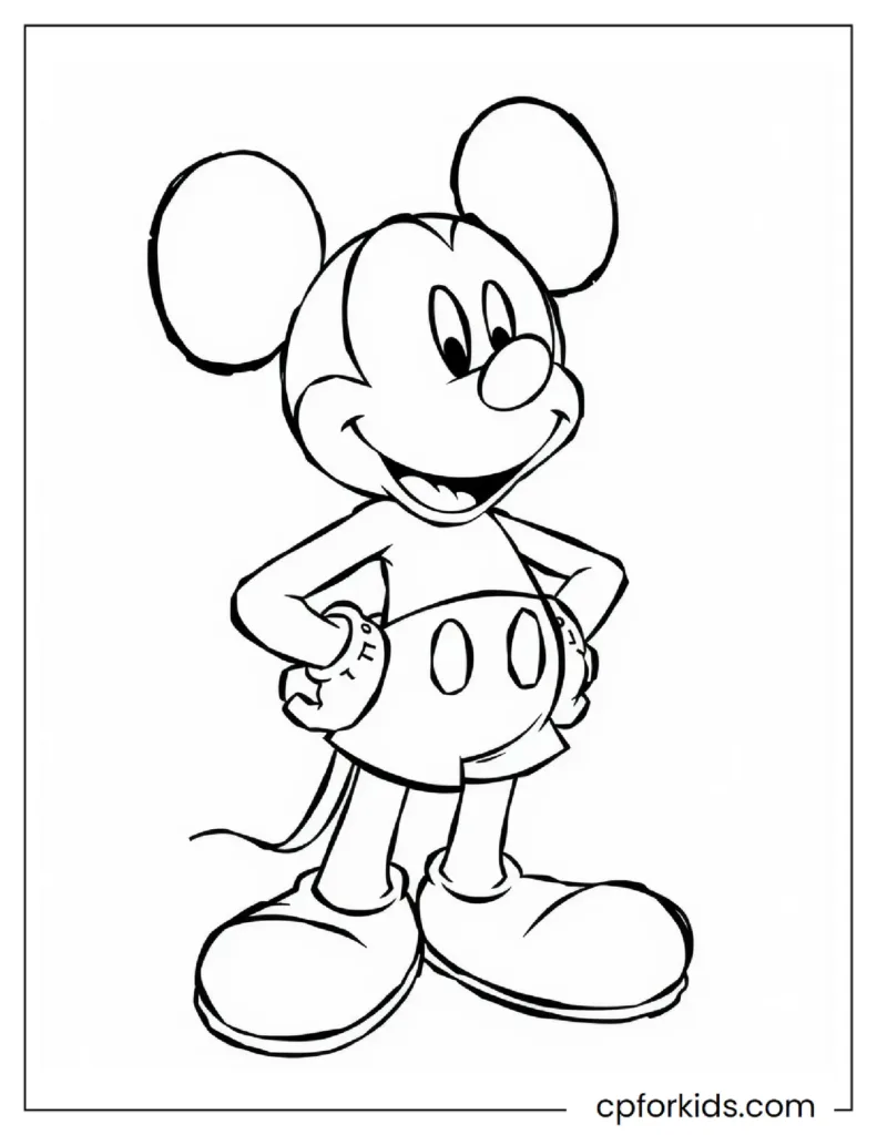 Classic Mickey Mouse standing confidently with hands on his hips, simple printable page.