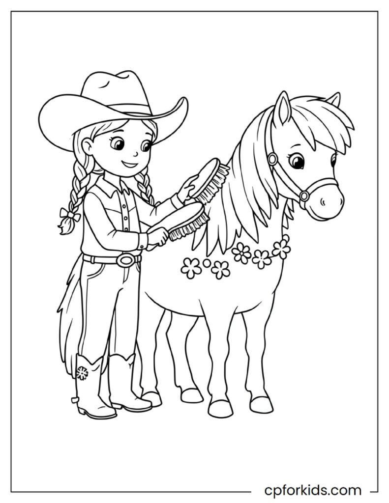 Young cowgirl brushing her pony with flower accessories, ranch activity coloring page.