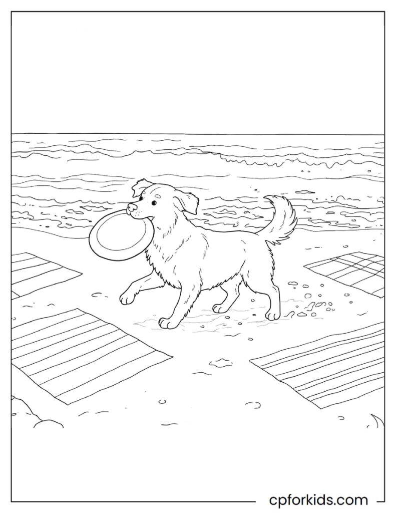 A dog running happily on the beach with a frisbee, free printable beach coloring page.