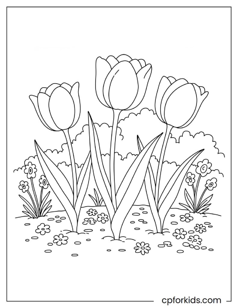 Three beautiful tulips, capturing a fresh spring air coloring sheet.