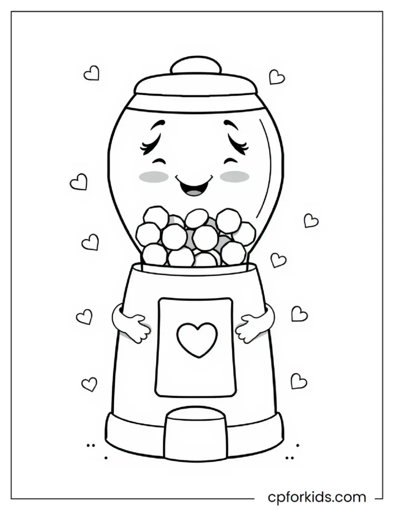 A Happy Gumball Machine Filled with Round Candies Coloring Page