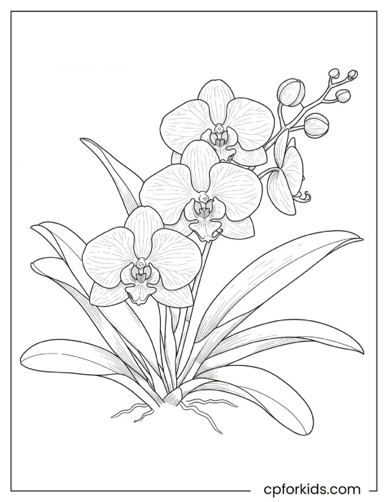 An Orchid flower with elegant leaves, printable coloring page.