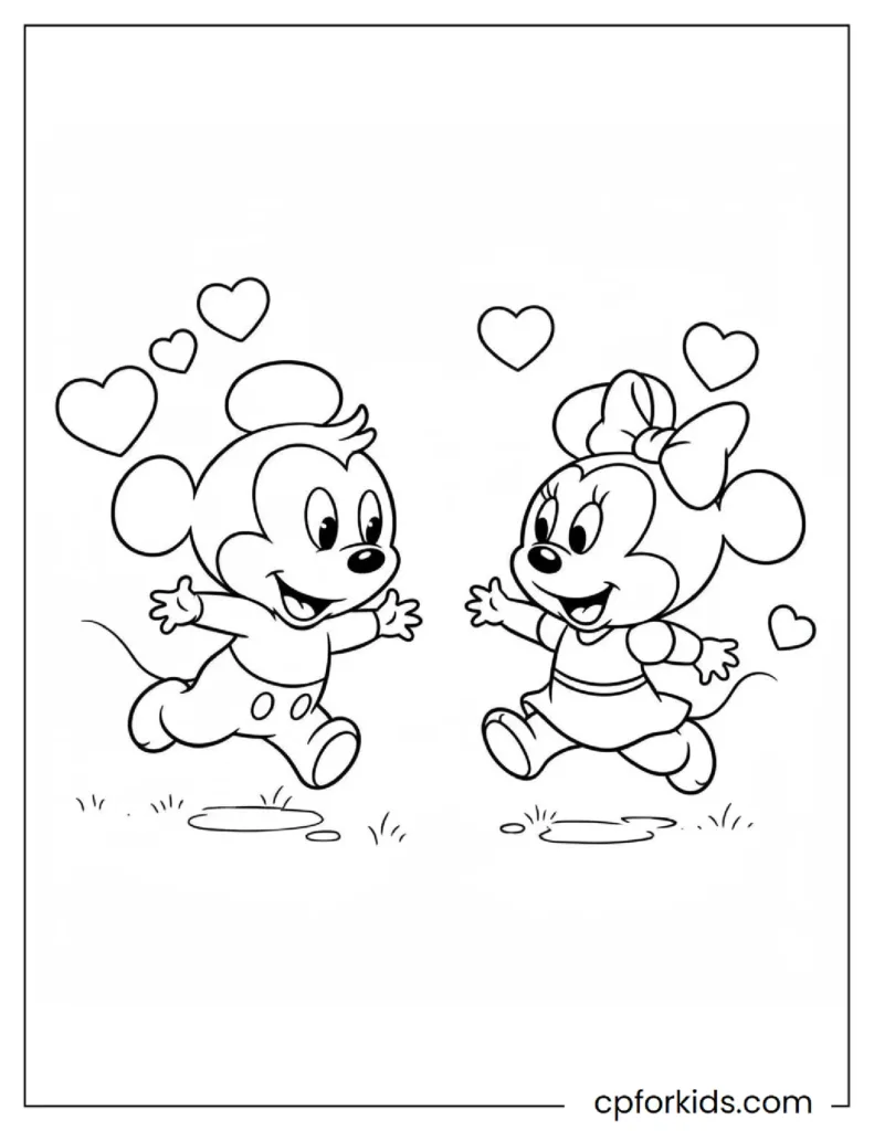 Adorable Baby Mickey Mouse coloring page printable for toddlers and preschoolers.
