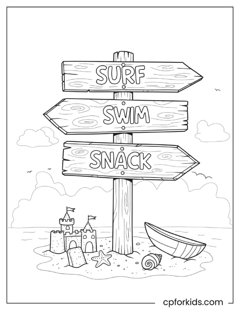 Beach sign showing directions, simple printable beach coloring page.