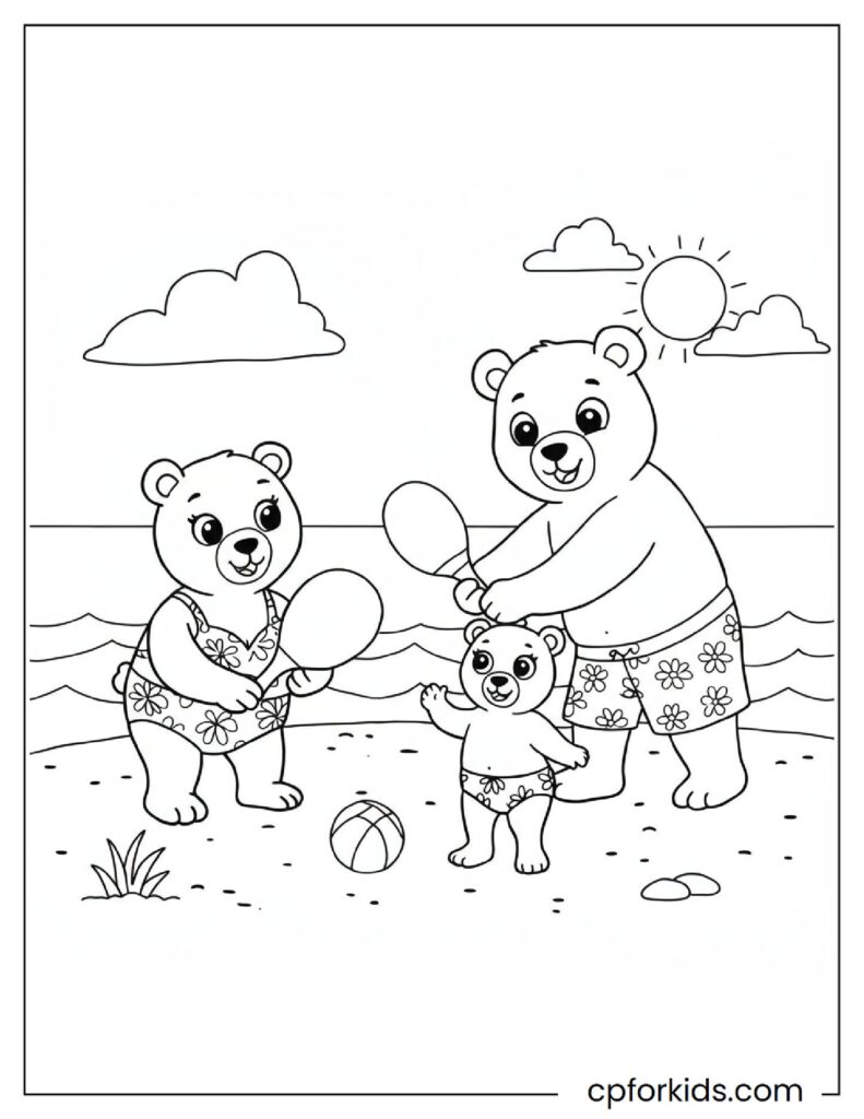 Bear family in swimsuits playing beach games, cute animal coloring page.