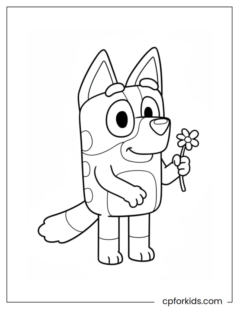 Cute bluey holding a flower in my hand, black drawing outlines, coloring page on white background.