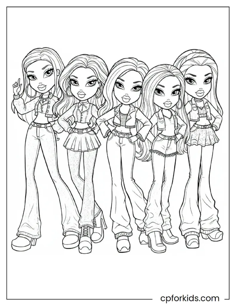 A Bratz doll on a free printable coloring page.