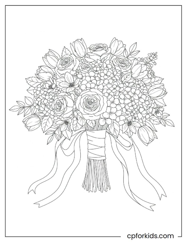 Bridal bouquet with ribbon, printable flower coloring page.