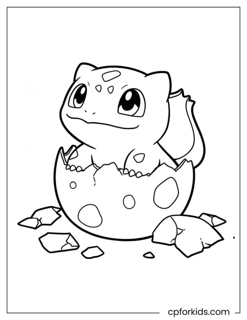 Colorable drawing of the cute baby bulbasaur pokemon that just hatched from the egg.