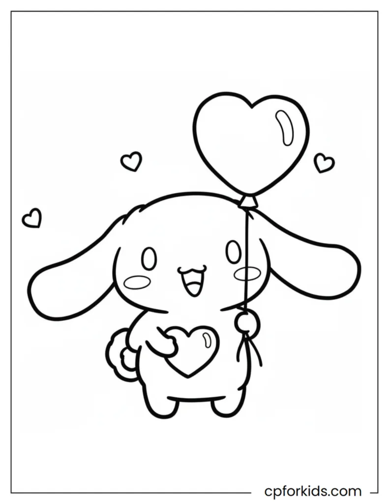 Cute cat coloring page with long ears holding a heart-shaped balloon.