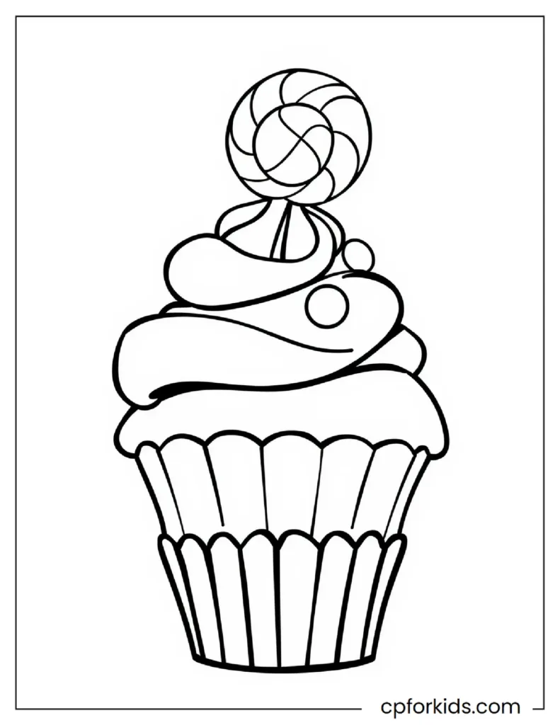 Cupcake with a Big Swirl of Frosting and Tiny Candy Pieces Coloring Page