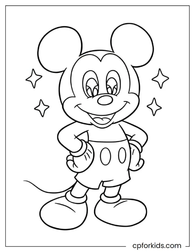 Cute Chibi Mickey Mouse's eyes sparkle, adorable Kawaii style coloring page.
