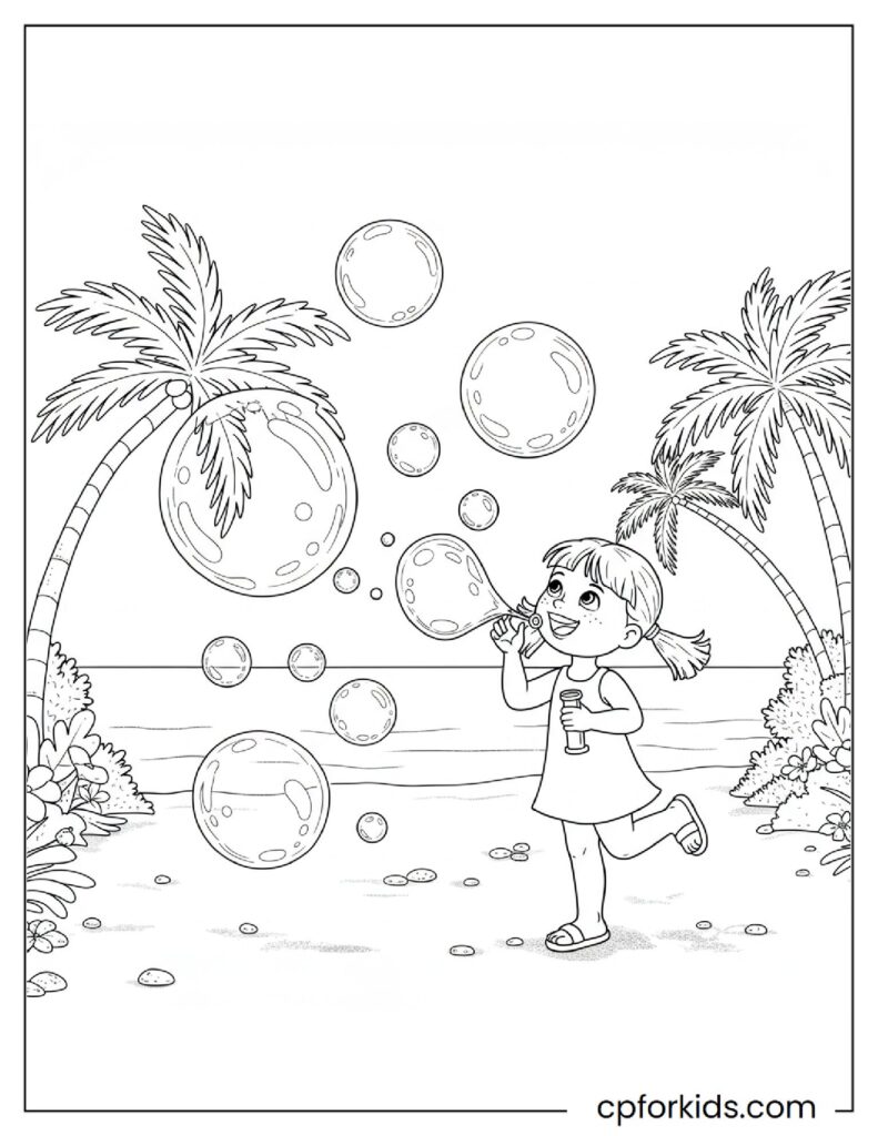 Cute girl playing with her bubble toy on the beach, summer activity coloring page.